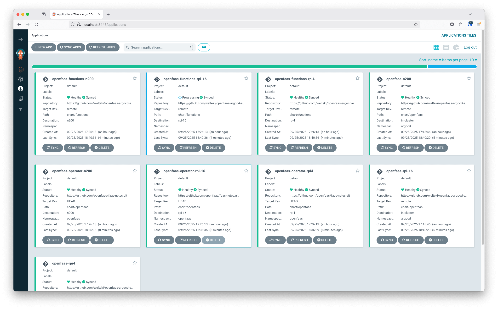 Screenshot showing the applications for each cluster in the Argo CD UI